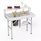 Table pliable rafraîchissante d'extérieur avec étagère de rangement supplémentaire, tables à glace pour fêtes avec drain et jupe assortie, serveur de glacière pour camping, pique-nique