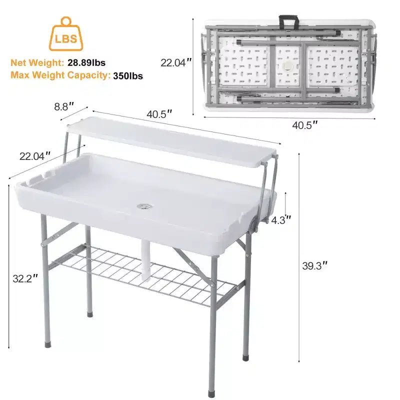 Table pliable rafraîchissante d'extérieur avec étagère de rangement supplémentaire, tables à glace pour fêtes avec drain et jupe assortie, serveur de glacière pour camping, pique-nique