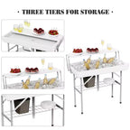 Table pliable rafraîchissante d'extérieur avec étagère de rangement supplémentaire, tables à glace pour fêtes avec drain et jupe assortie, serveur de glacière pour camping, pique-nique