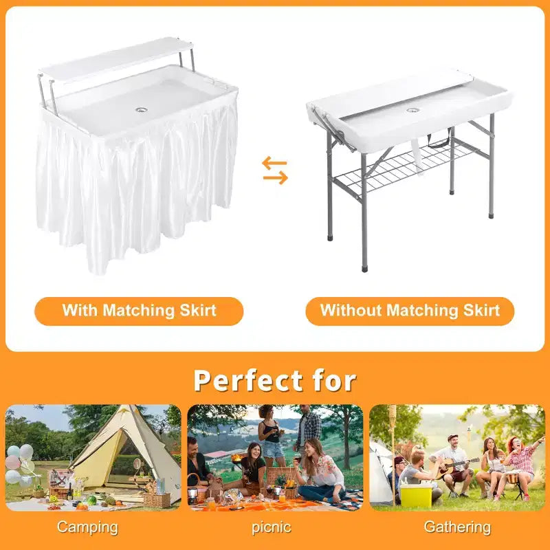 Table pliable rafraîchissante d'extérieur avec étagère de rangement supplémentaire, tables à glace pour fêtes avec drain et jupe assortie, serveur de glacière pour camping, pique-nique