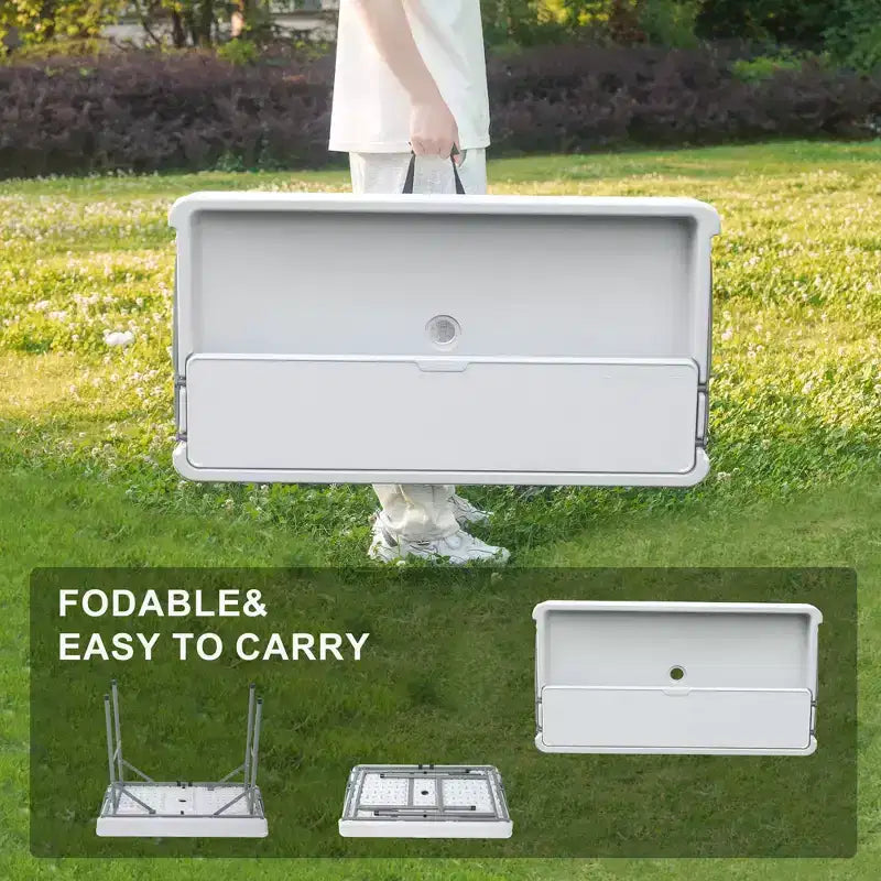 Table pliable rafraîchissante d'extérieur avec étagère de rangement supplémentaire, tables à glace pour fêtes avec drain et jupe assortie, serveur de glacière pour camping, pique-nique