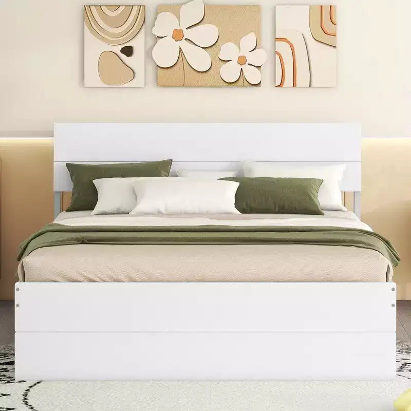 Lit plateforme complet avec tiroirs, cadre de lit en bois massif avec tête et pied de lit pour chambre à coucher