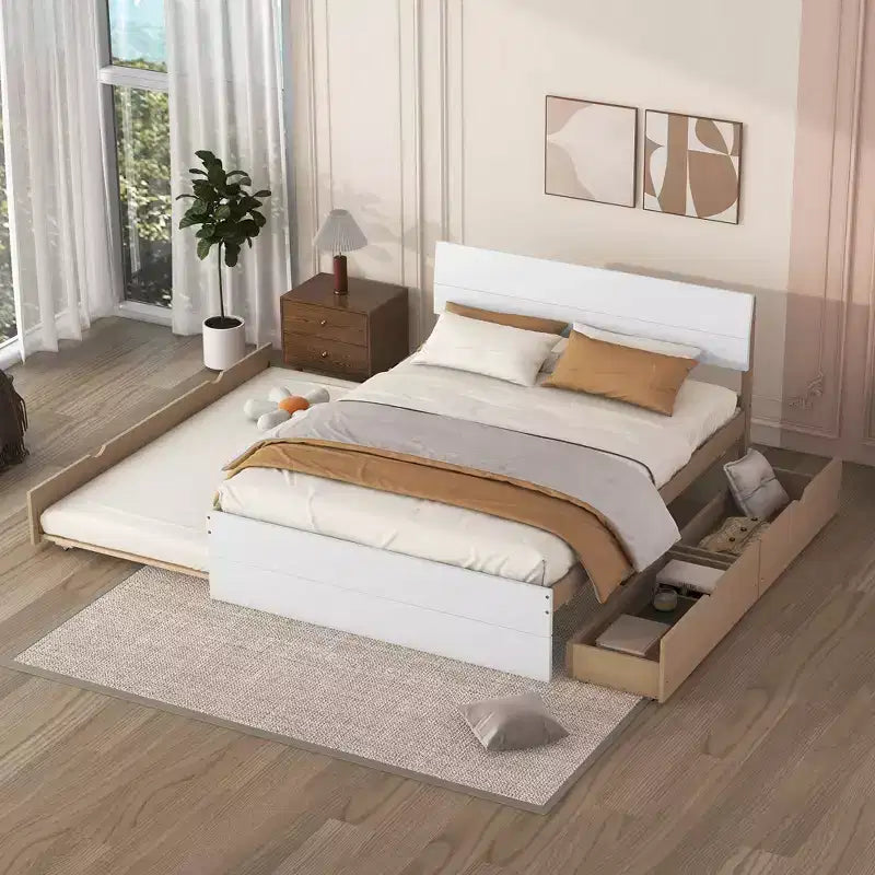Lit plateforme complet avec tiroirs, cadre de lit en bois massif avec tête et pied de lit pour chambre à coucher