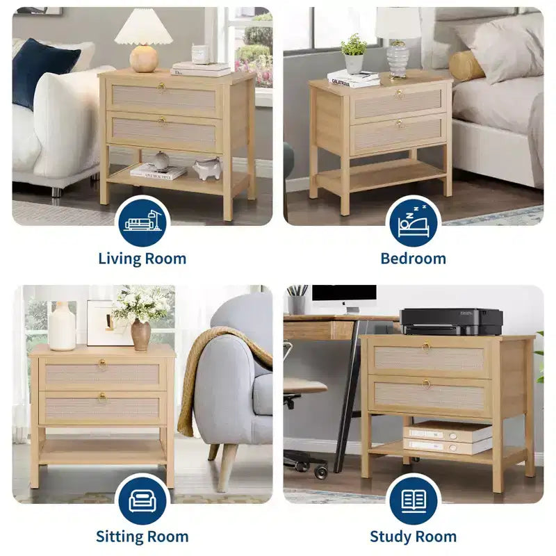 Table de chevet en rotin avec 2 tiroirs et étagère de rangement, Table de chevet de style ferme moderne, Tables d'appoint pour salon, chambre à coucher
