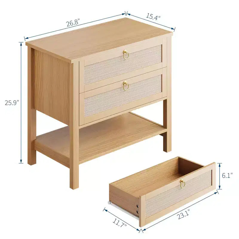 Table de chevet en rotin avec 2 tiroirs et étagère de rangement, Table de chevet de style ferme moderne, Tables d'appoint pour salon, chambre à coucher