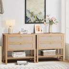 Set of 2 Rattan Night Stand,Boho Nightstand with 2 Drawers and Storage Shelf, Modern Farmhouse Nightstand, Side Tables for Living Room, Bedroom