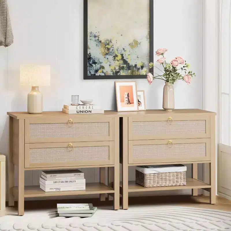 Table de chevet en rotin avec 2 tiroirs et étagère de rangement, Table de chevet de style ferme moderne, Tables d'appoint pour salon, chambre à coucher