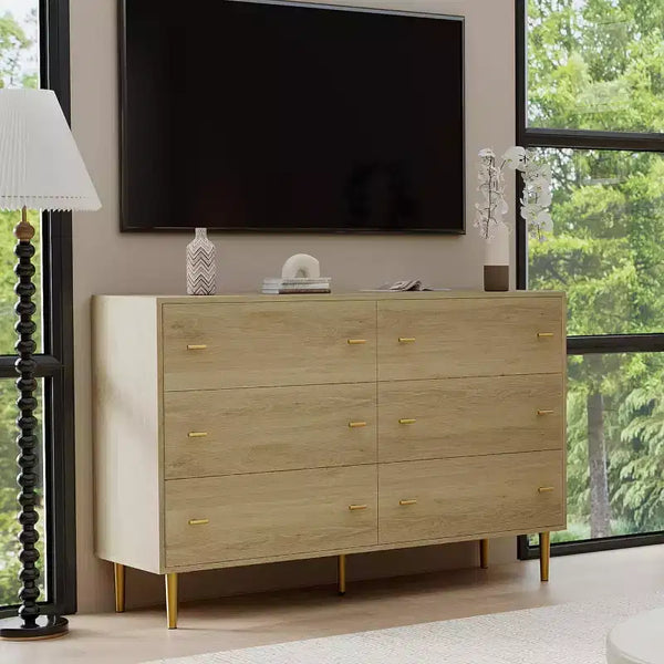 6 Drawers Dresser for Bedroom, 47.2 Wide Wood Rustic Chest of Drawers with Bar Handles, Storage Dressers Organizer for Bedroom, Living Room, Hallway