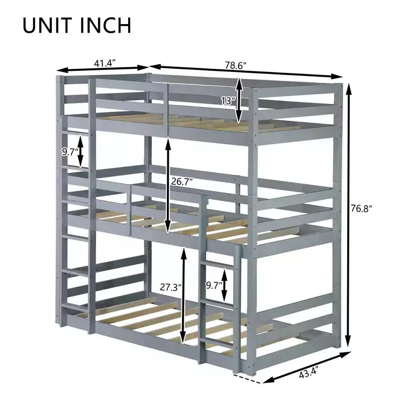 Lit superposé triple en bois avec 2 échelles intégrées