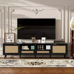 JVNOXK Rattan TV Stand for TVs up to 85'', Modern Farmhouse Media Console, Entertainment Center with Solid Wood Legs,for Living Room