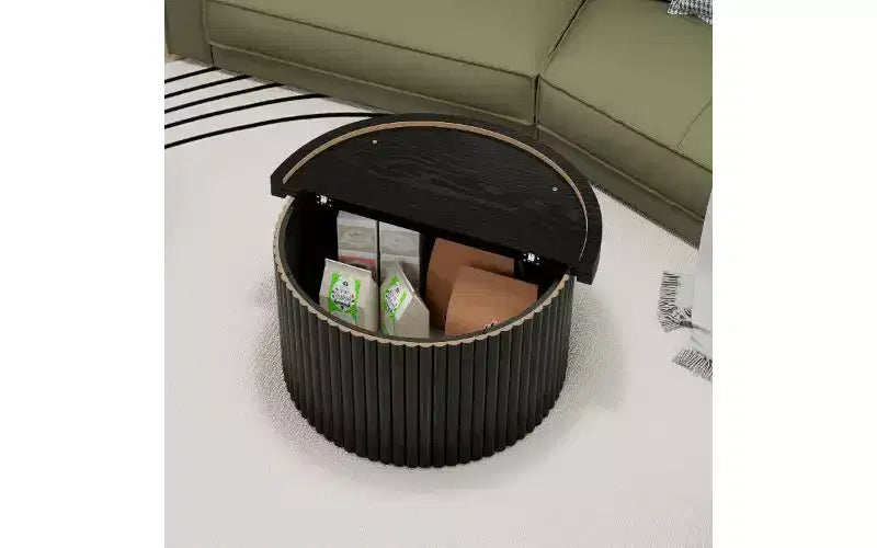Table basse gigogne ronde avec pieds en grain de bois et espace de rangement