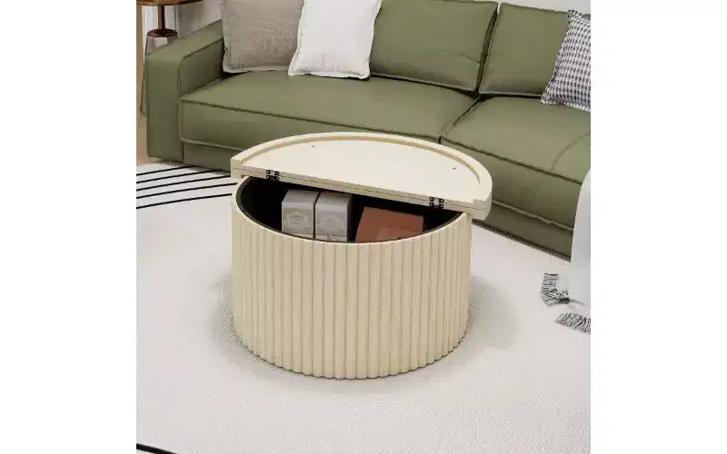 Table basse gigogne ronde avec pieds en grain de bois et espace de rangement