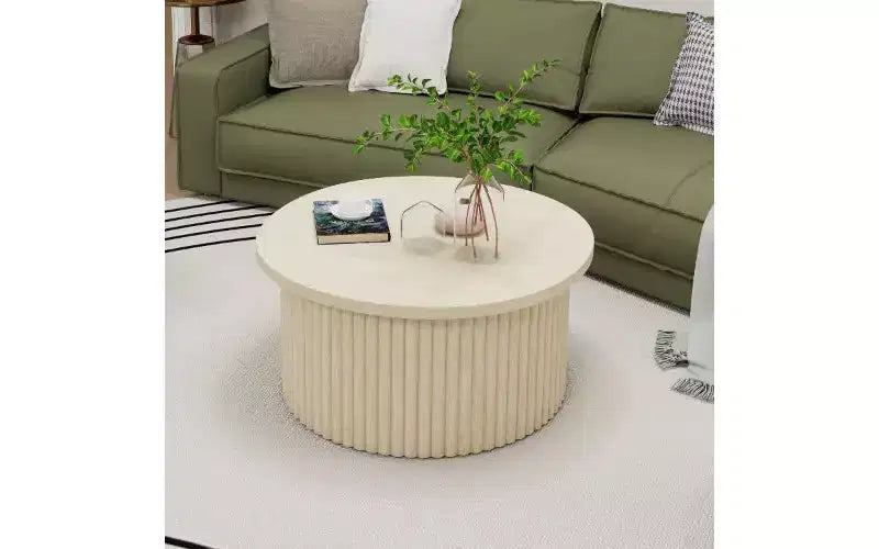 Table basse gigogne ronde avec pieds en grain de bois et espace de rangement