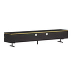 Meuble TV et console multimédia noirs modernes de 220 cm avec tiroirs de rangement dissimulés, compartiments fermés, pieds en métal et passe-câbles
