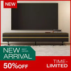 Meuble TV et console multimédia noirs modernes de 220 cm avec tiroirs de rangement dissimulés, compartiments fermés, pieds en métal et passe-câbles