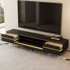 Meuble TV et console multimédia noirs modernes de 220 cm avec tiroirs de rangement dissimulés, compartiments fermés, pieds en métal et passe-câbles
