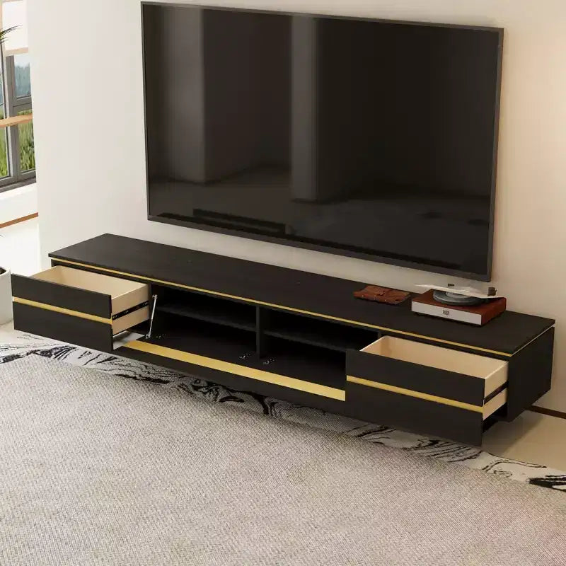 Meuble TV et console multimédia noirs modernes de 220 cm avec tiroirs de rangement dissimulés, compartiments fermés, pieds en métal et passe-câbles
