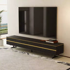 Meuble TV et console multimédia noirs modernes de 220 cm avec tiroirs de rangement dissimulés, compartiments fermés, pieds en métal et passe-câbles