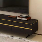 Meuble TV et console multimédia noirs modernes de 220 cm avec tiroirs de rangement dissimulés, compartiments fermés, pieds en métal et passe-câbles