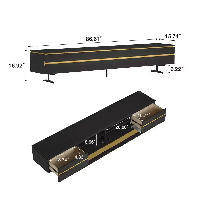 Meuble TV et console multimédia noirs modernes de 220 cm avec tiroirs de rangement dissimulés, compartiments fermés, pieds en métal et passe-câbles