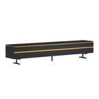 Meuble TV et console multimédia noirs modernes de 220 cm avec tiroirs de rangement dissimulés, compartiments fermés, pieds en métal et passe-câbles