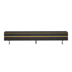 Meuble TV et console multimédia noirs modernes de 220 cm avec tiroirs de rangement dissimulés, compartiments fermés, pieds en métal et passe-câbles