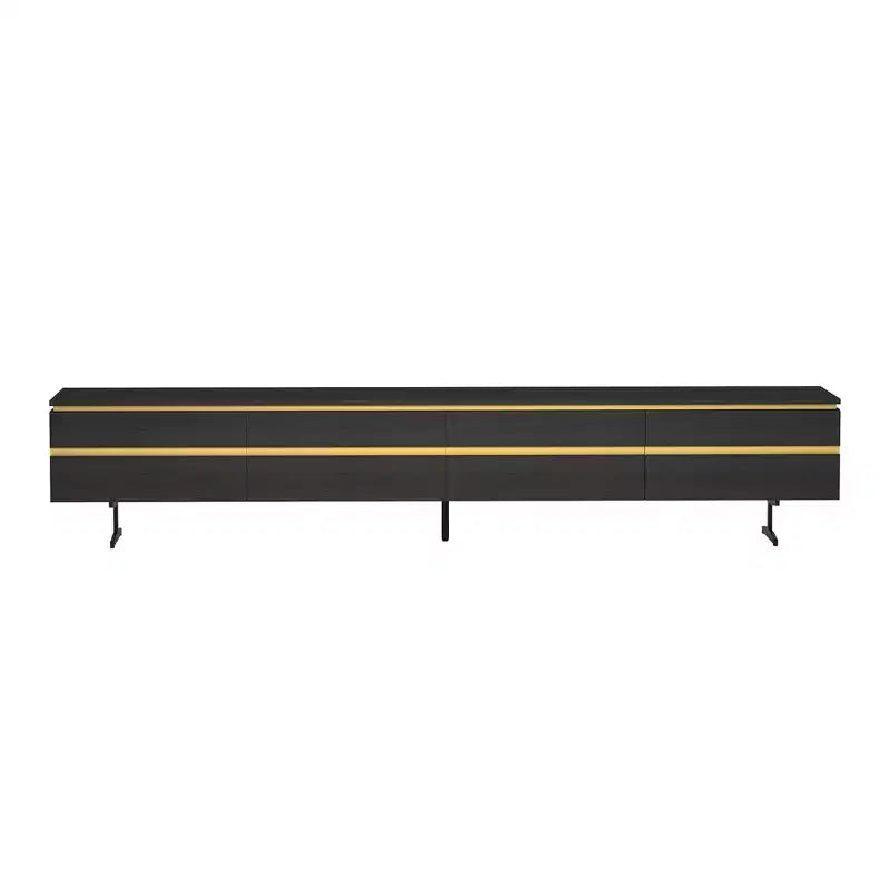 Meuble TV et console multimédia noirs modernes de 220 cm avec tiroirs de rangement dissimulés, compartiments fermés, pieds en métal et passe-câbles