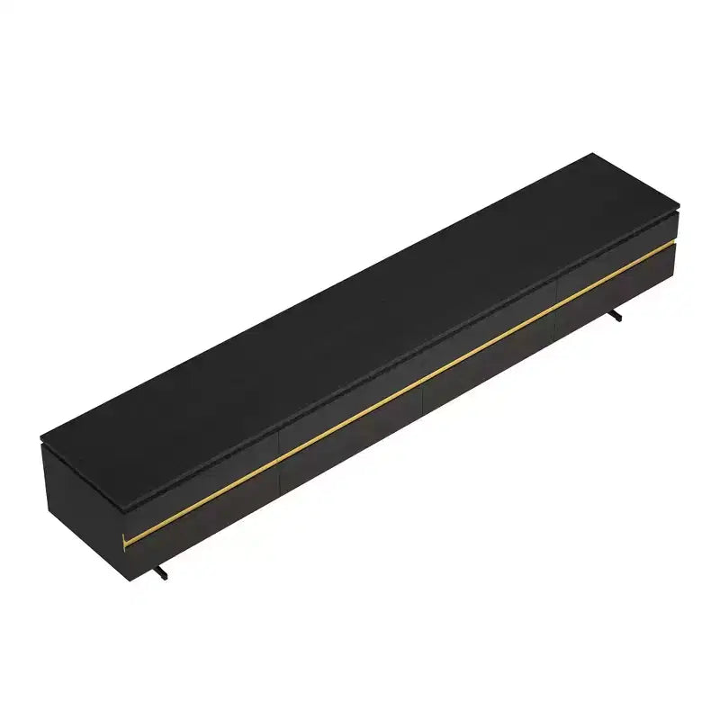 Meuble TV et console multimédia noirs modernes de 220 cm avec tiroirs de rangement dissimulés, compartiments fermés, pieds en métal et passe-câbles